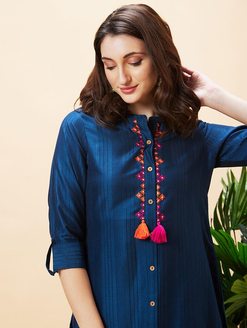 women navy blue polyester straight kurta - 20288166 - Standard Image - 5