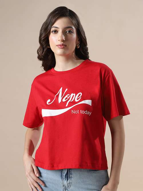 globus women red drop shoulder graphic printed oversized trendy crop t-shirt - 20288193 -  Standard Image - 0