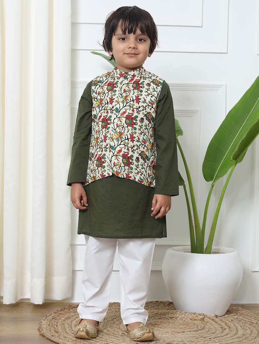 boy olive solid kurta sets with floral print nerhu jacket