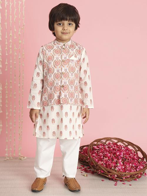 boy white printed kurta set with jacket - 20289230 - Standard Image - 0