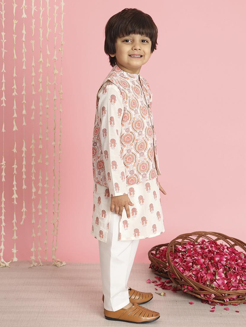 boy white printed kurta set with jacket - 20289230 - Standard Image - 3