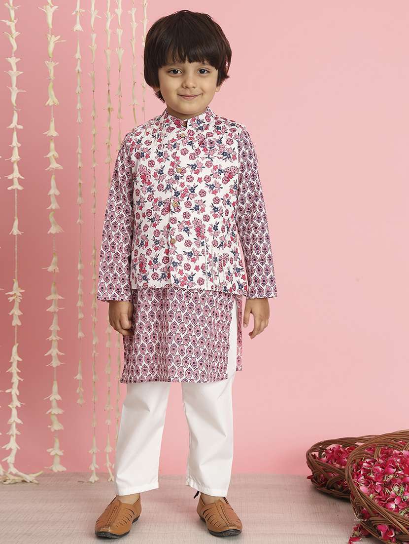 boy pink floral print kurta set with nehru jacket
