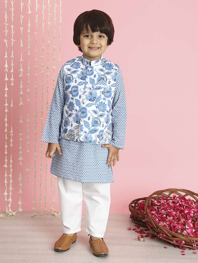 boy blue floral print kurta set with nehru jacket