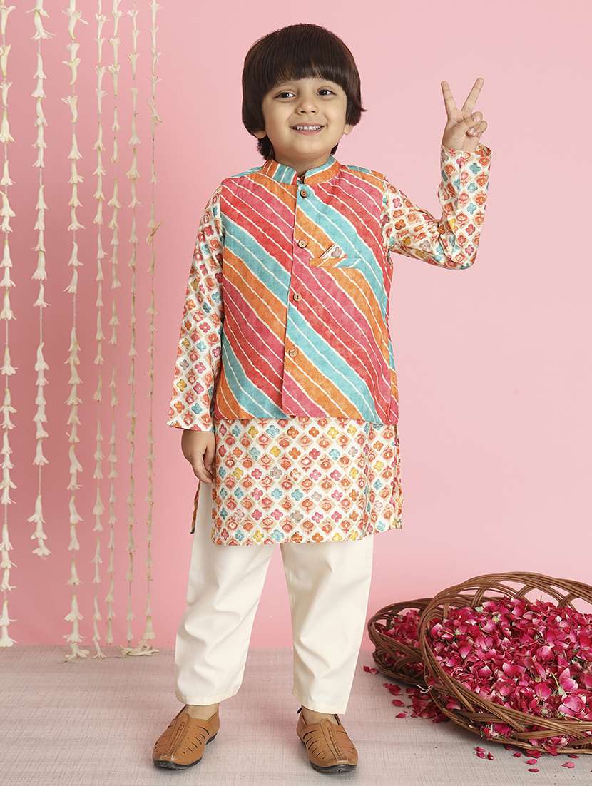 boy multi colored printed kurta set with nehru jacket