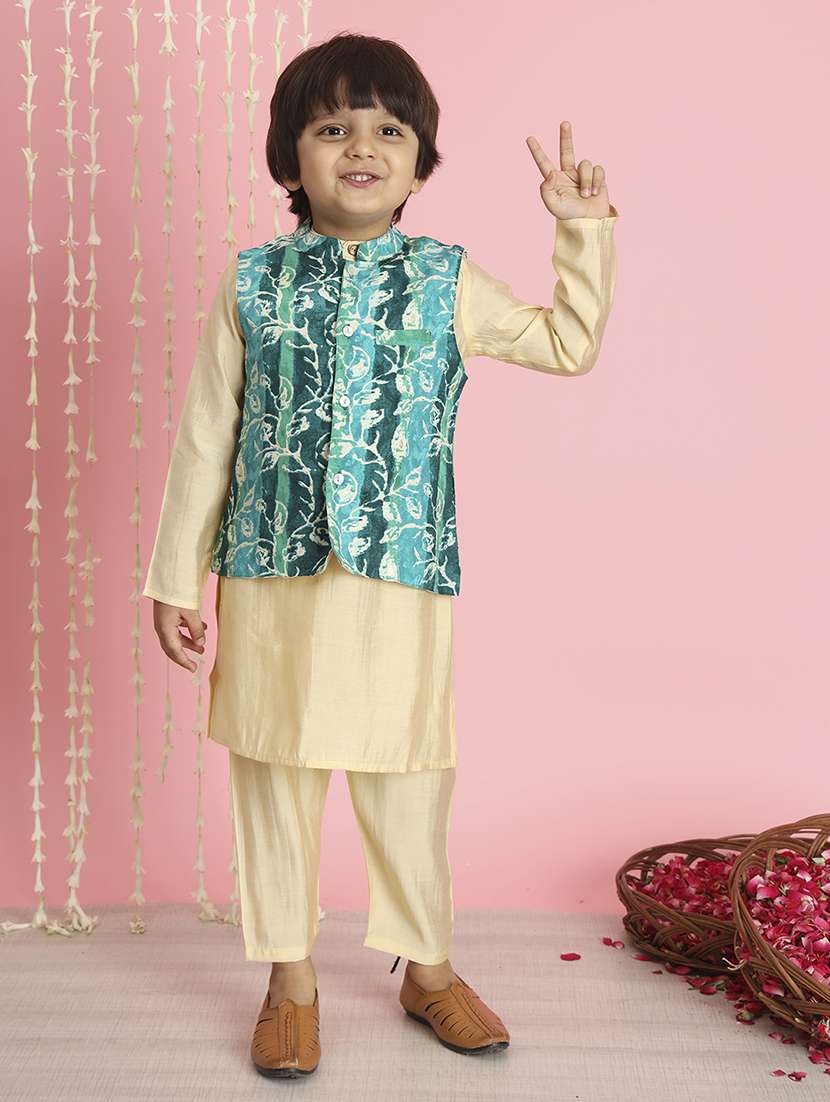 boy beige solid kurta set with printed nehru jacket