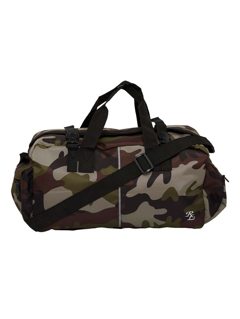 green camouflage print dufflebag
