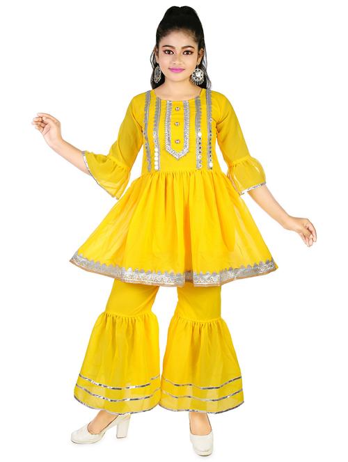 girls yellow embellished kurta sharara set - 20292806 -  Standard Image - 0