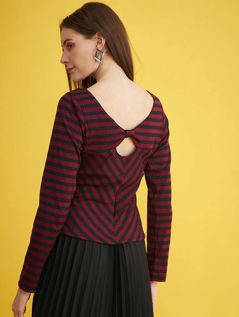 maroon striped round neck long sleeves top - 20293969 -  Standard Image - 3