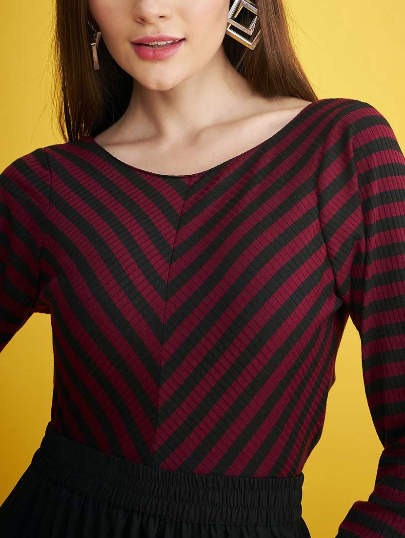 maroon striped round neck long sleeves top - 20293969 -  Standard Image - 5