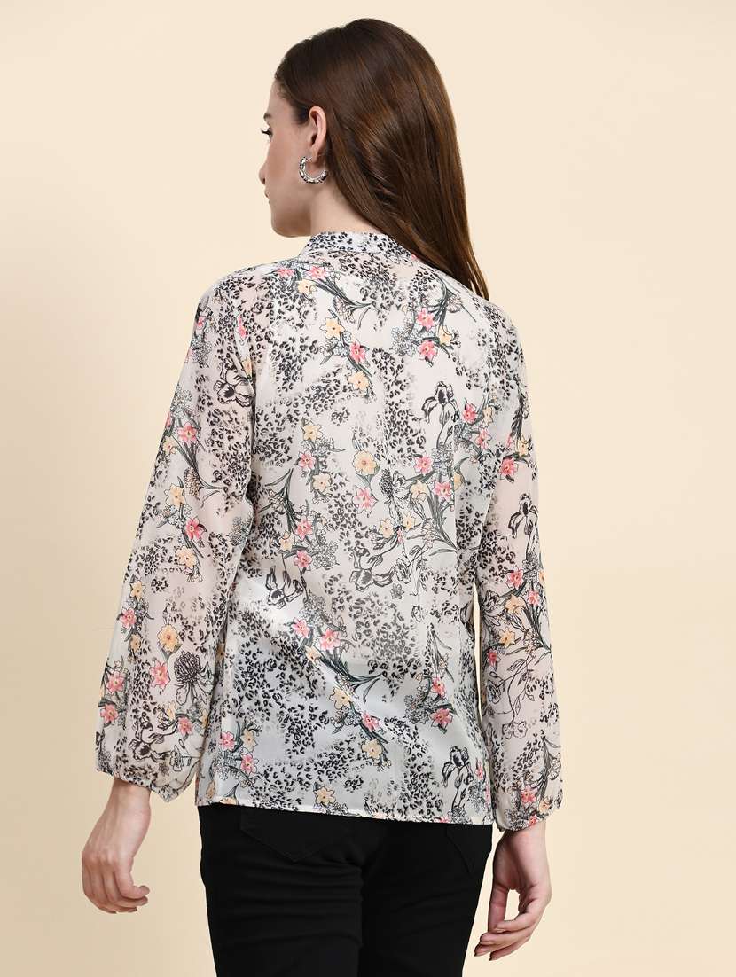 grey floral print mandarin neck top - 20294634 -  Standard Image - 3