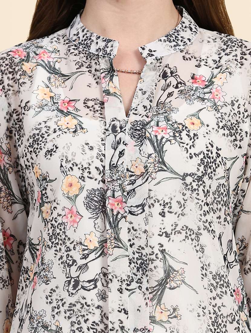 grey floral print mandarin neck top - 20294634 -  Standard Image - 5