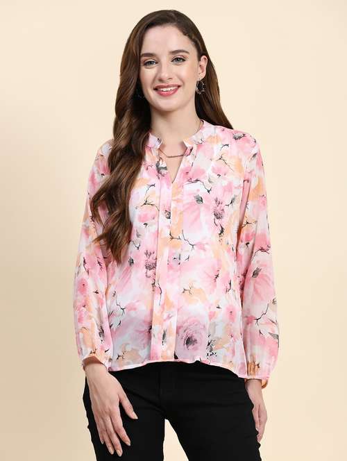 pink floral print mandarin neck top - 20294635 - Standard Image - 0