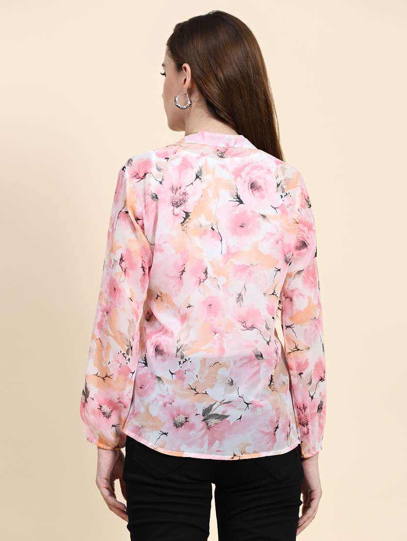 pink floral print mandarin neck top - 20294635 - Standard Image - 3