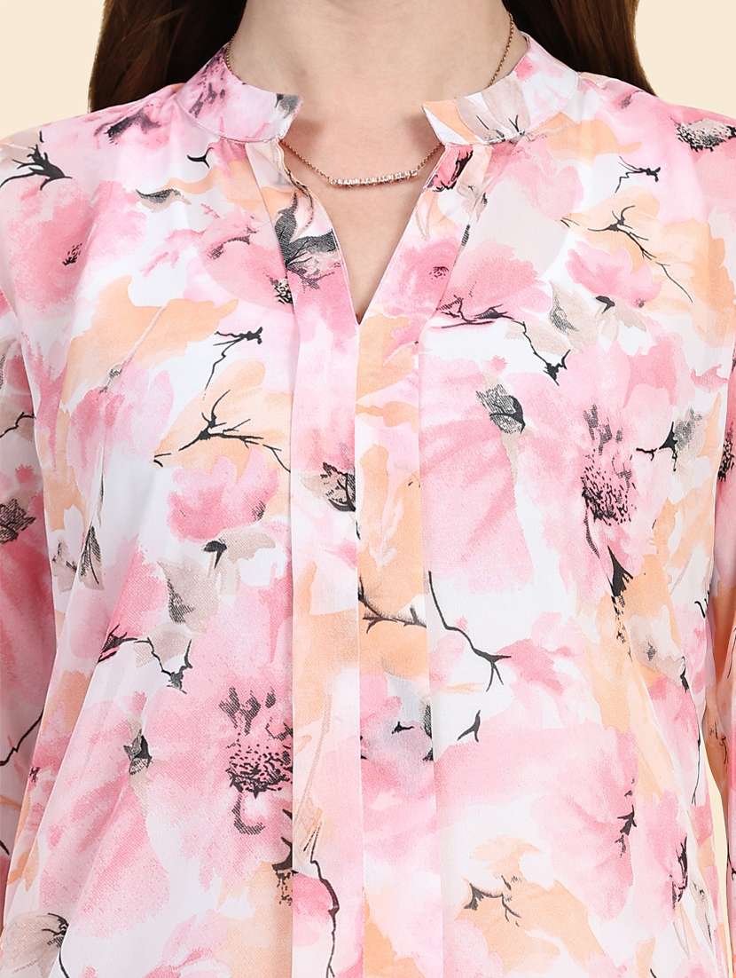 pink floral print mandarin neck top - 20294635 - Standard Image - 5
