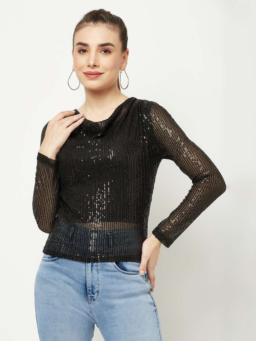 women black sequin cotton blend regular top