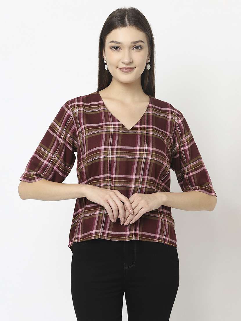 women v-neck checkered high-low top