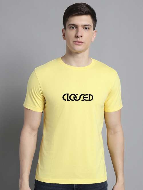 men light yellow cotton chest print t-shirt - 20295678 - Standard Image - 0