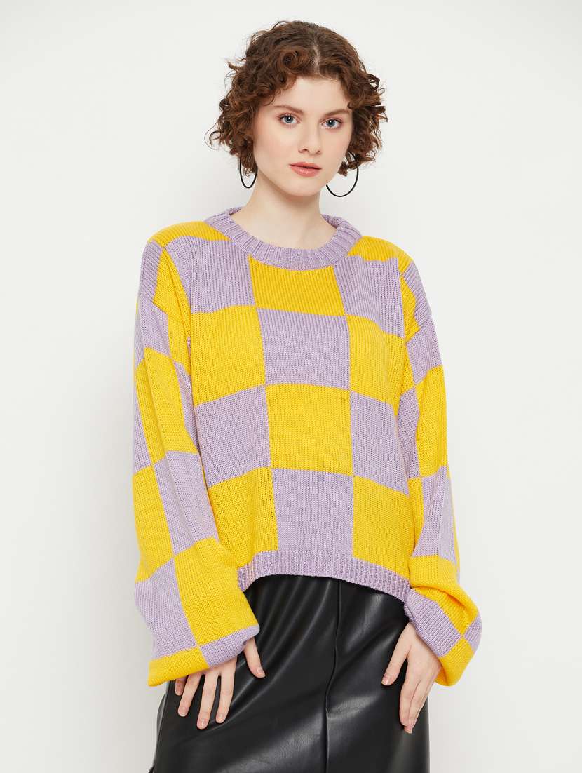 women round neck checkered regular pullover