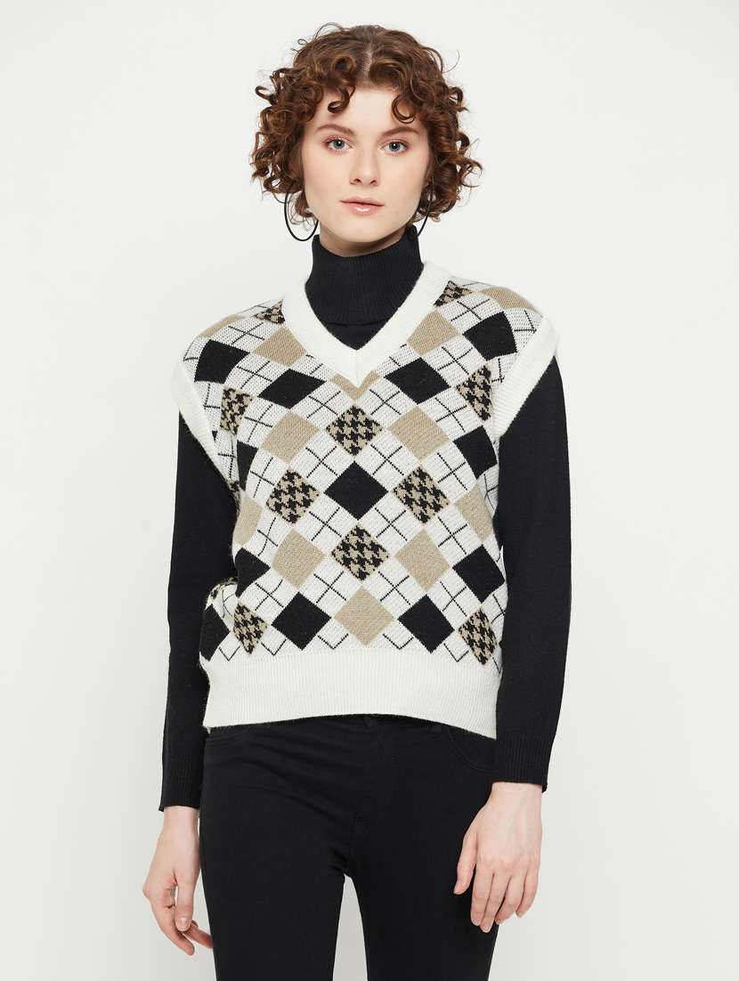 women v-neck geometric regular pullover