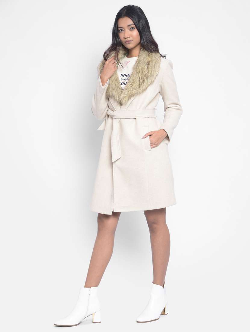 women beige solid wrap fur coat - 20295949 -  Standard Image - 3