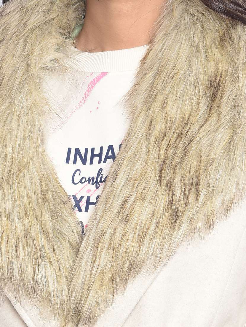 women beige solid wrap fur coat - 20295949 -  Standard Image - 5