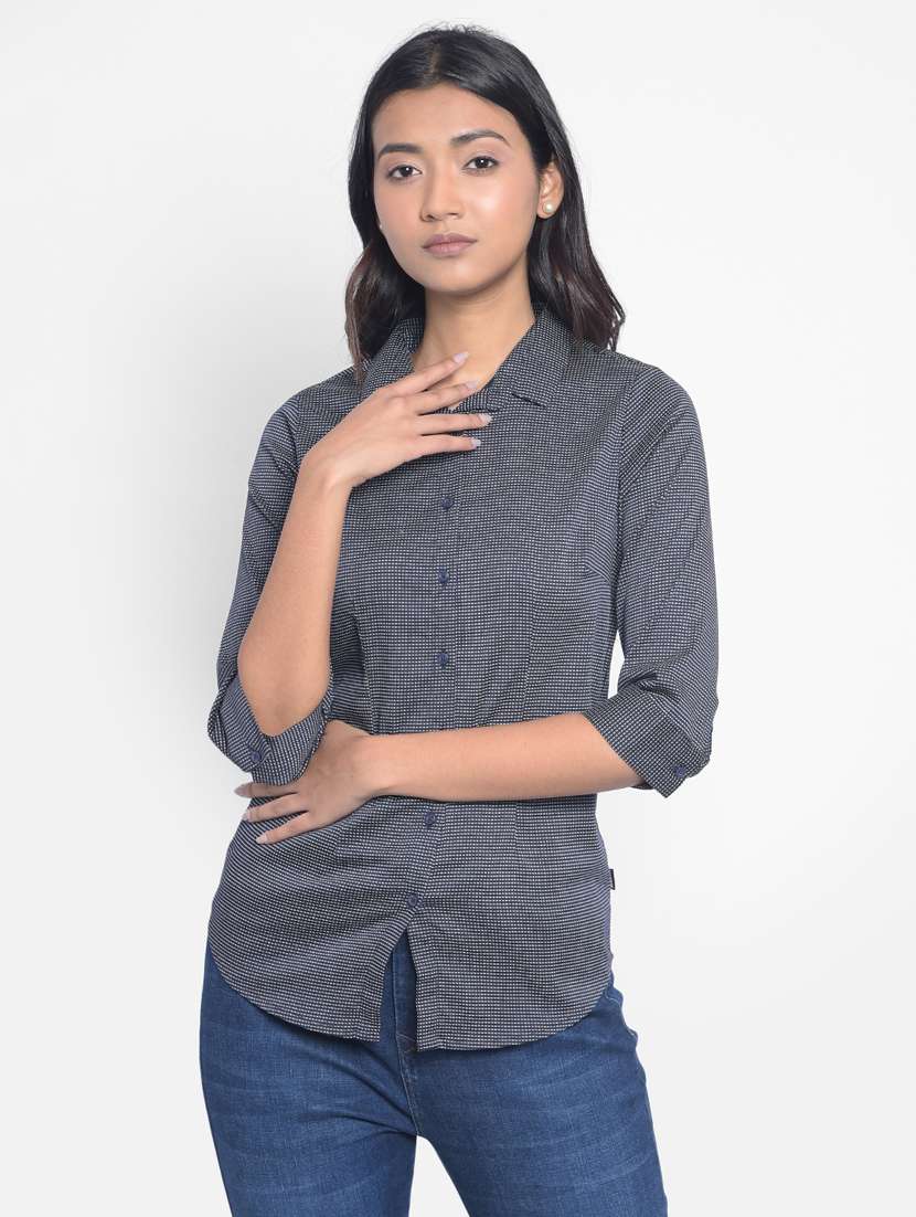 women grey mini checkered cotton blend regular shirt