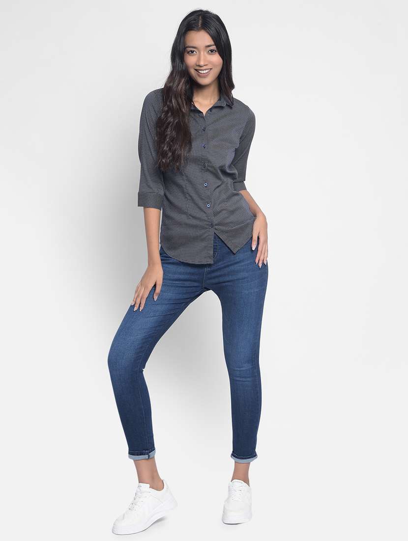 women grey mini checkered cotton blend regular shirt - 20296122 -  Standard Image - 5