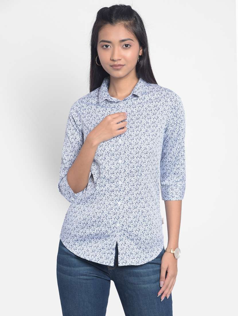 women blue floral cotton blend regular shirt
