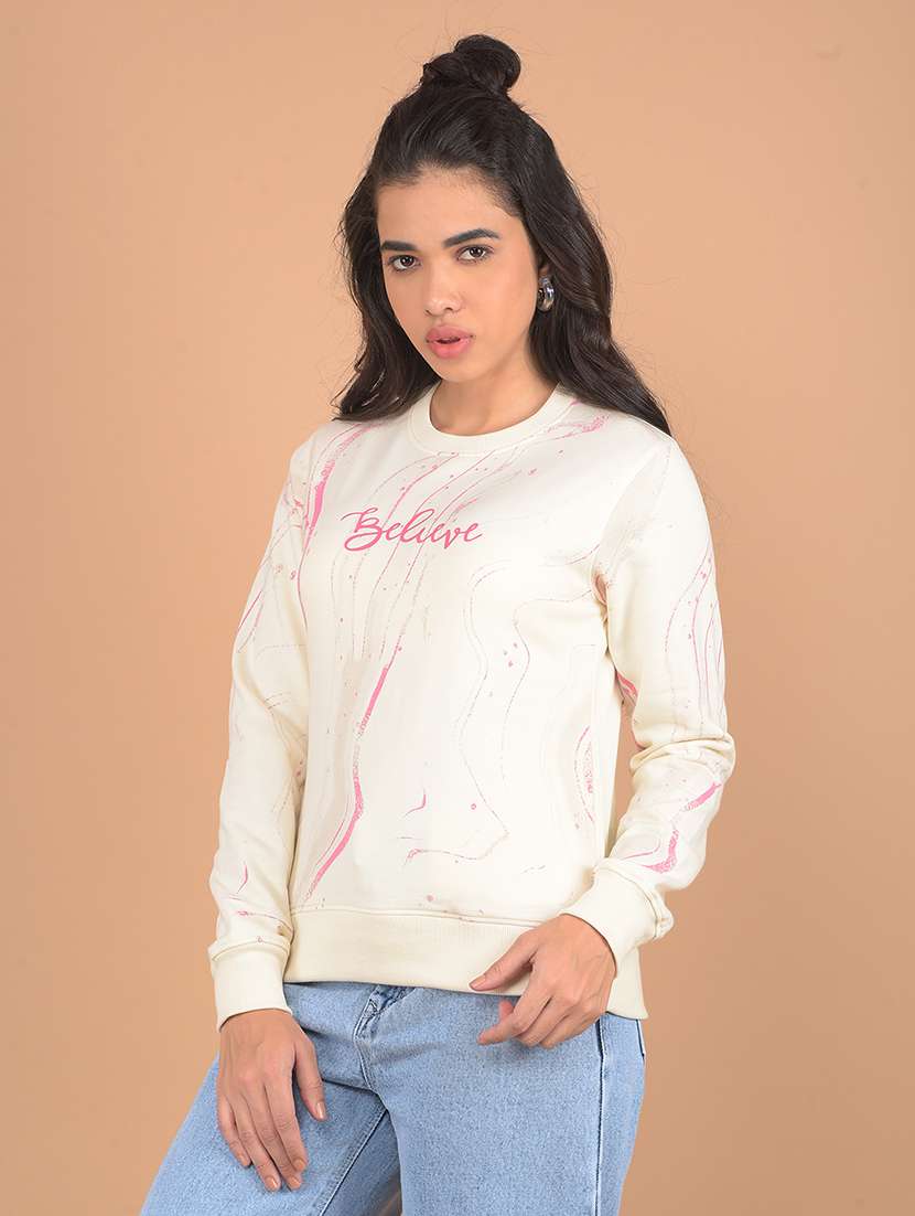 women beige printed cotton poly blend regular sweatshirt