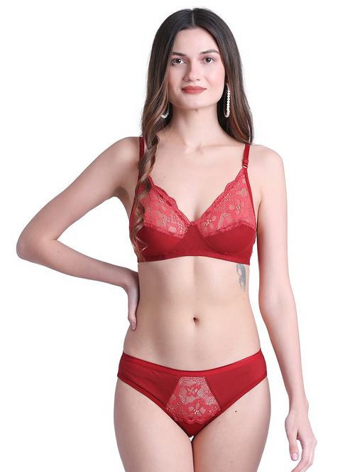 maroon cotton blend bra and panty set - 20296439 - Standard Image - 0