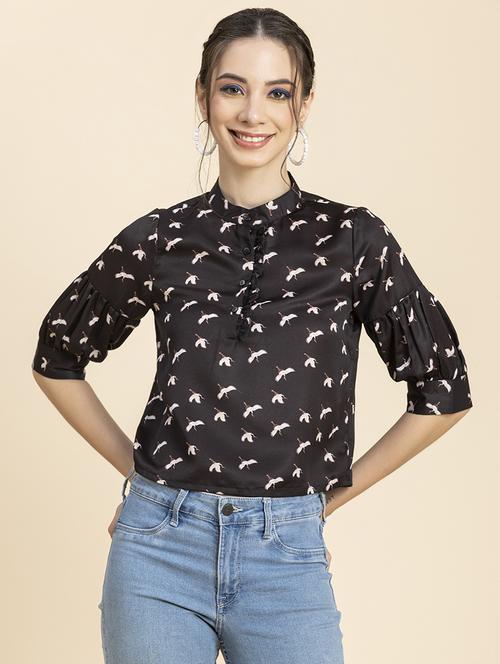 women's crop mandarin neck top - 20296776 -  Standard Image - 0