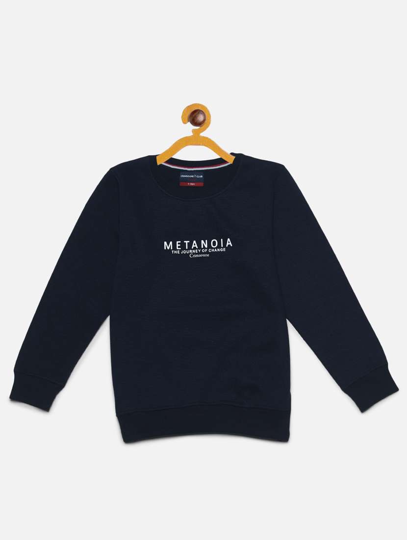 navy blue typographic print round neck sweatshirt