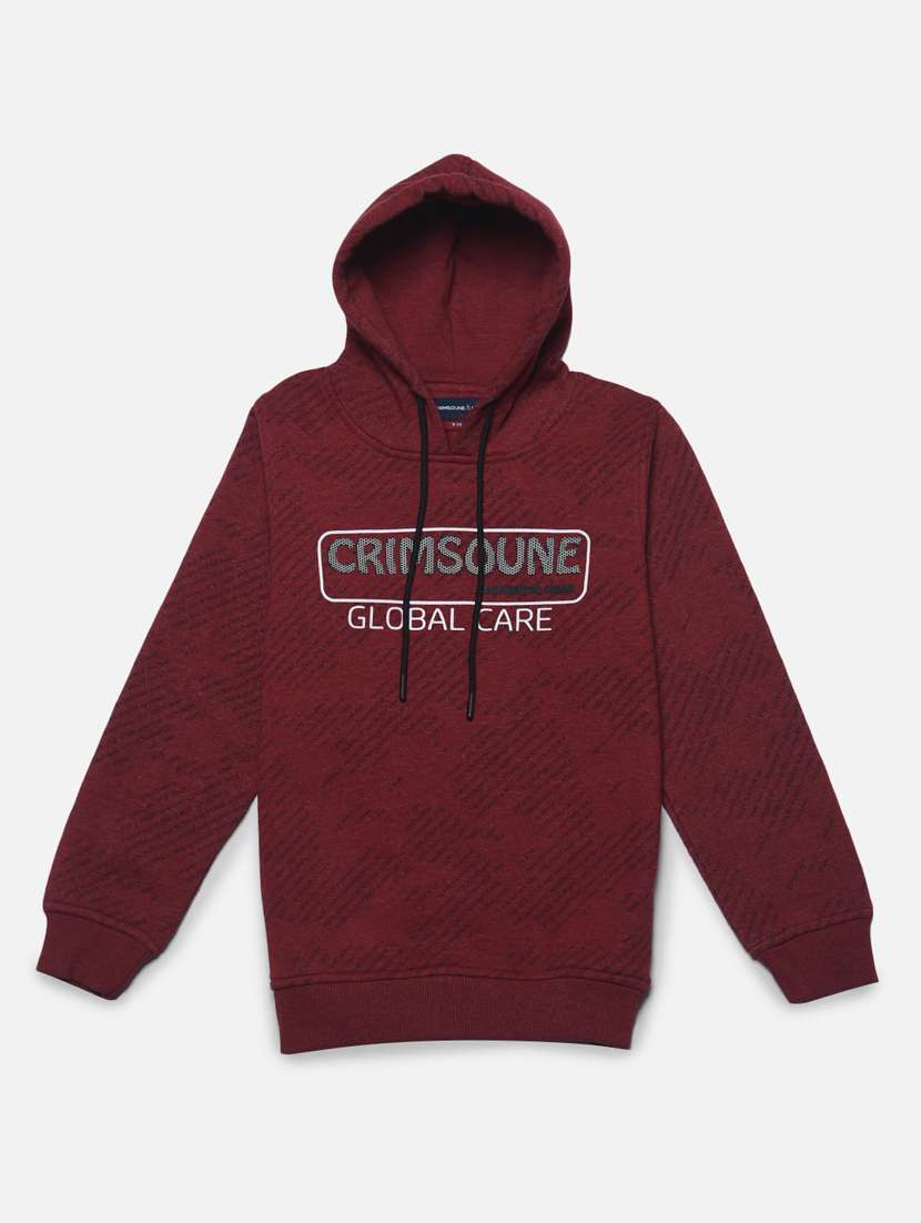 boys maroon printed cotton blend hooded sweatshirt