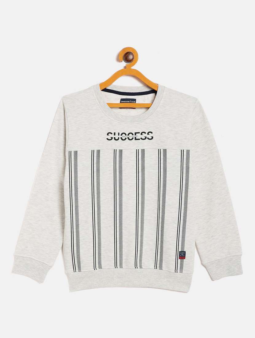 boys white round neck stripes with typography hooded sweatshirt