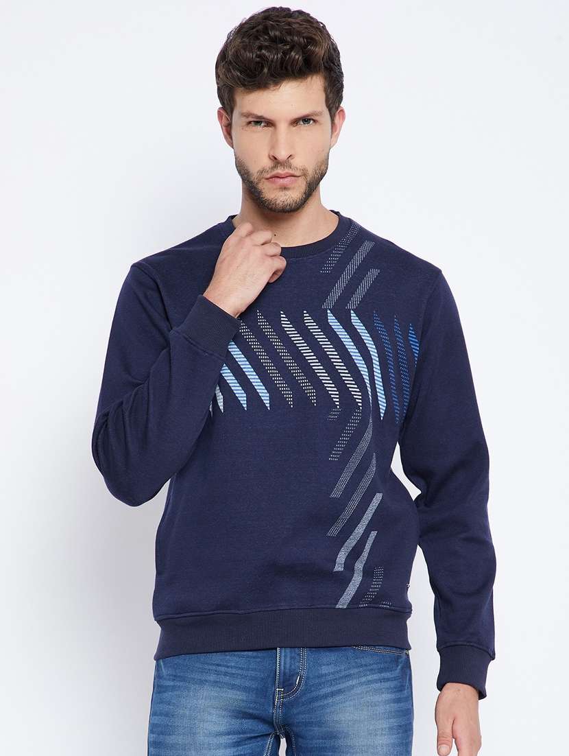 men navy blue printed cotton blend regular sweatshirt