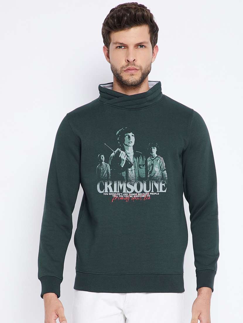 men bottle green graphic printed cotton blend sweatshirt