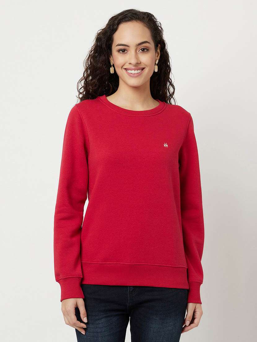 women red solid cotton blend regular sweatshirt