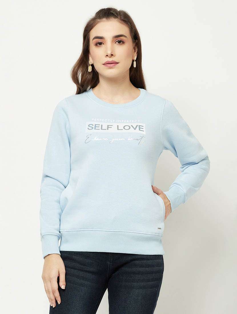 women typography print light blue cotton blend regular sweatshirt