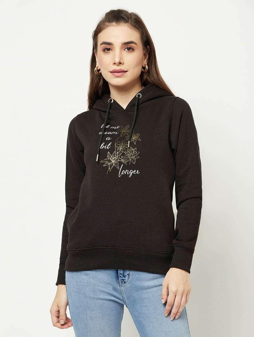 women printed black hooded cotton blend regular sweatshirt