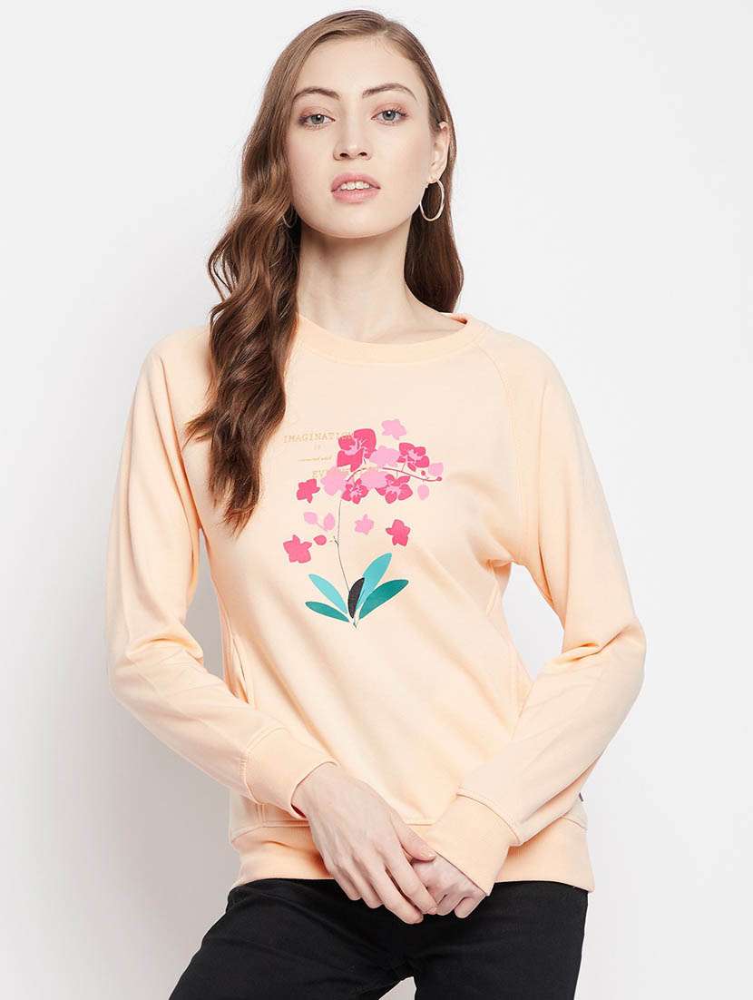 women peach printed cotton blend regular sweatshirt