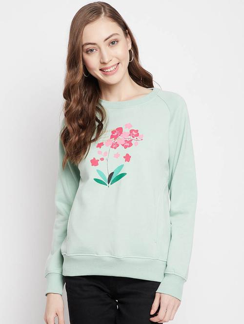 women light green printed cotton blend regular sweatshirt - 20298766 - Standard Image - 0