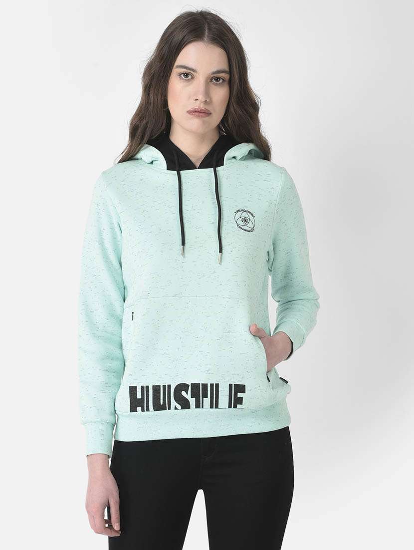 women placement print purist blue hooded regular sweatshirt