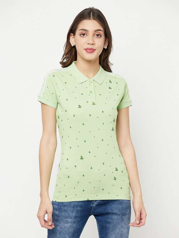 women leafy print neo mint cotton blend polo t-shirt
