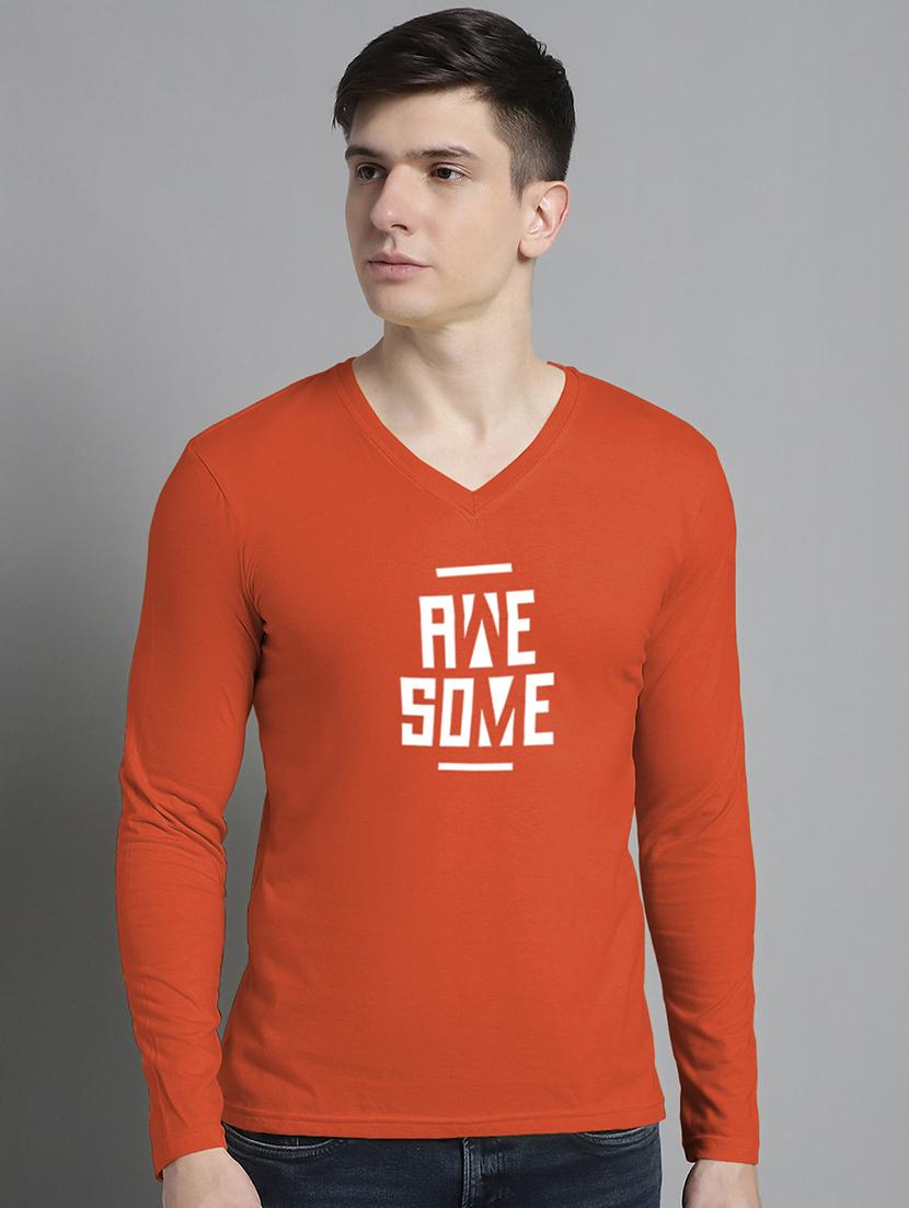 men orange cotton chest print t-shirt