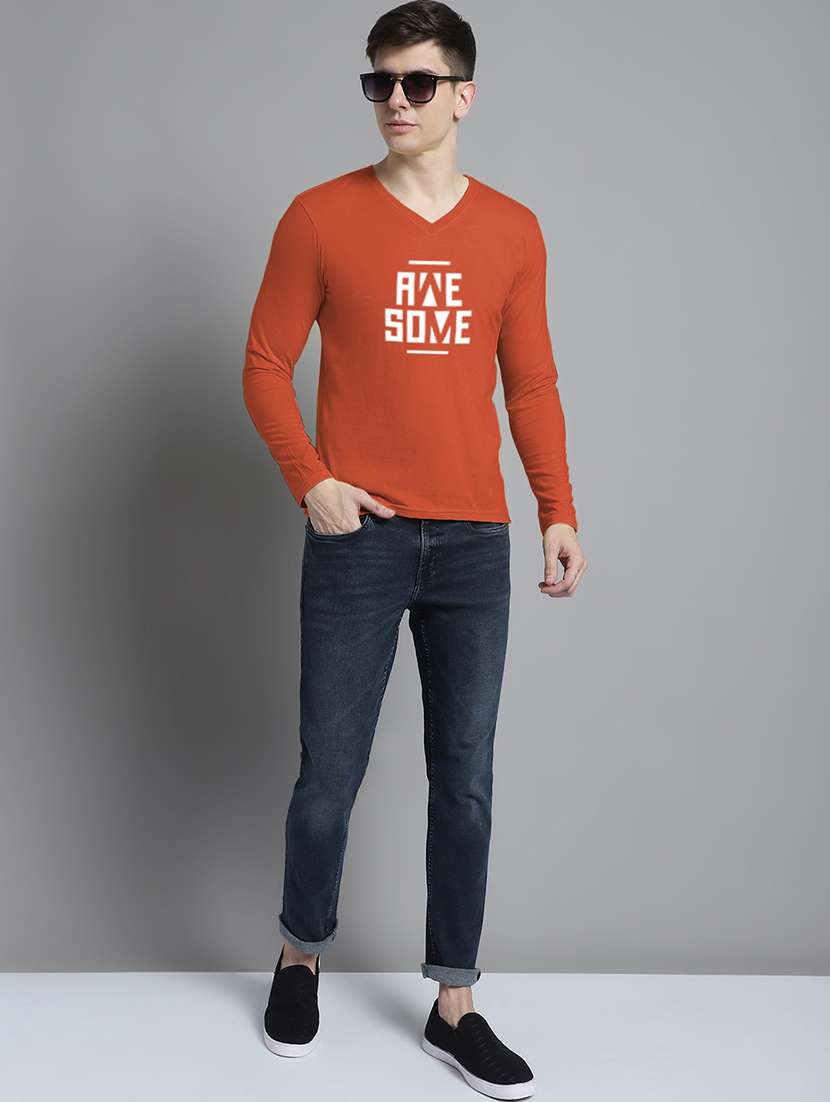 men orange cotton chest print t-shirt - 20299027 - Standard Image - 3