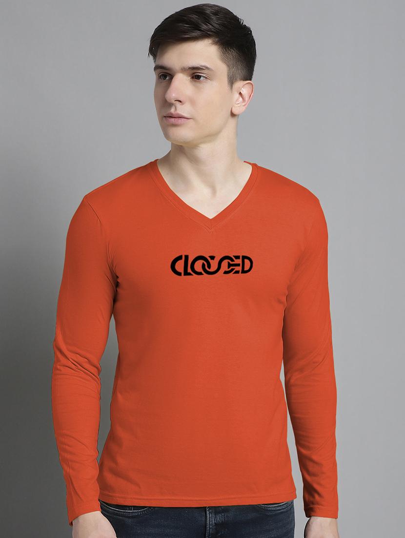 men orange cotton chest print t-shirt