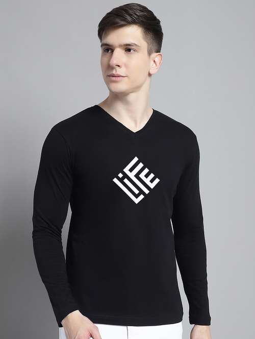 men black cotton chest print t-shirt - 20299109 - Standard Image - 0