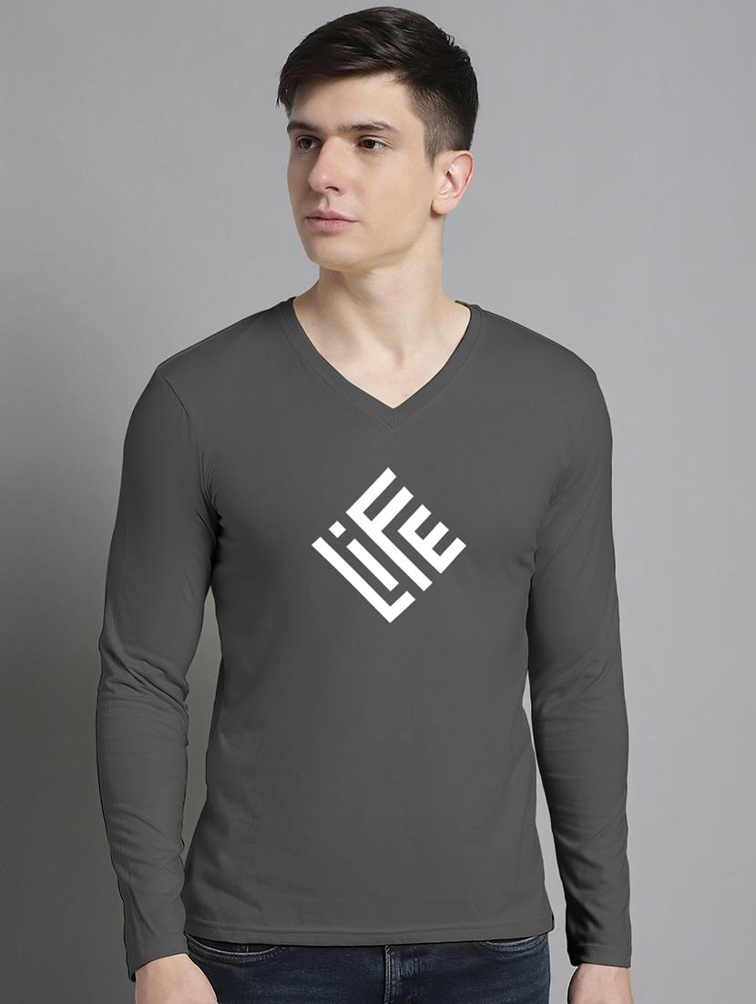 men typography print grey long sleeves cotton t-shirt - 20299117 -  Zoom Image - 0