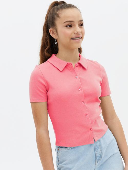 pink ribbed crop shirt - 20299307 - Standard Image - 0