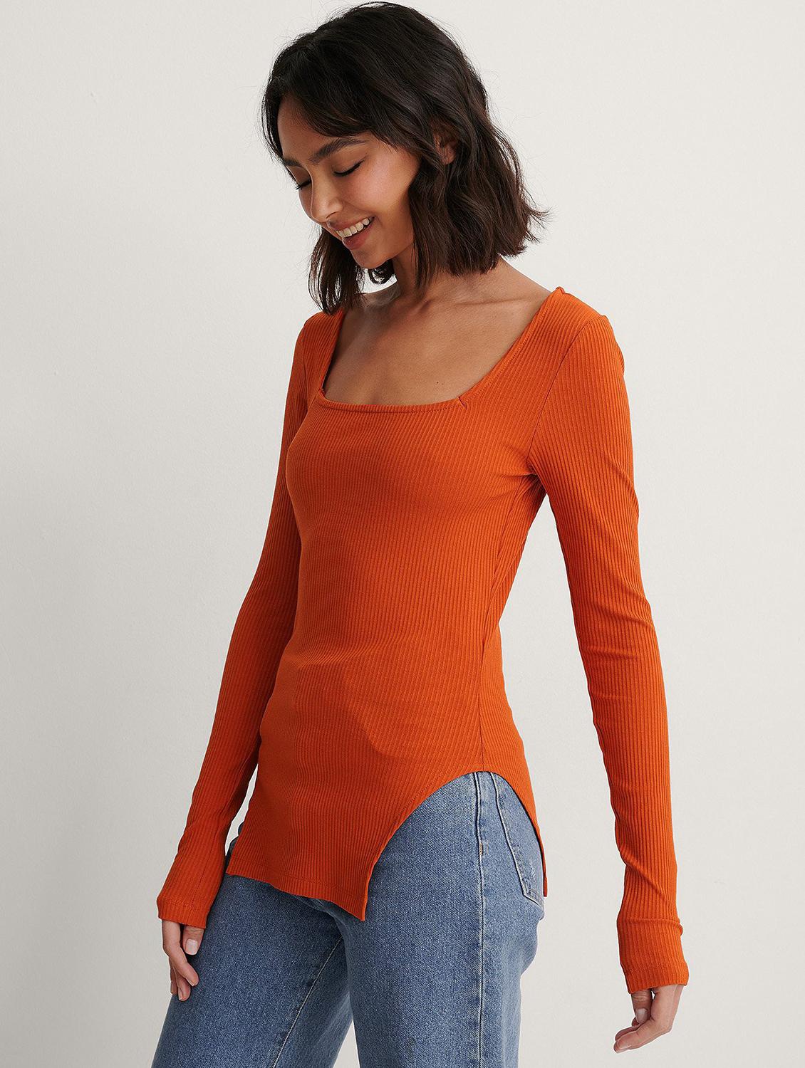 orange solid long sleeves long top - 20299406 - Zoom Image - 0